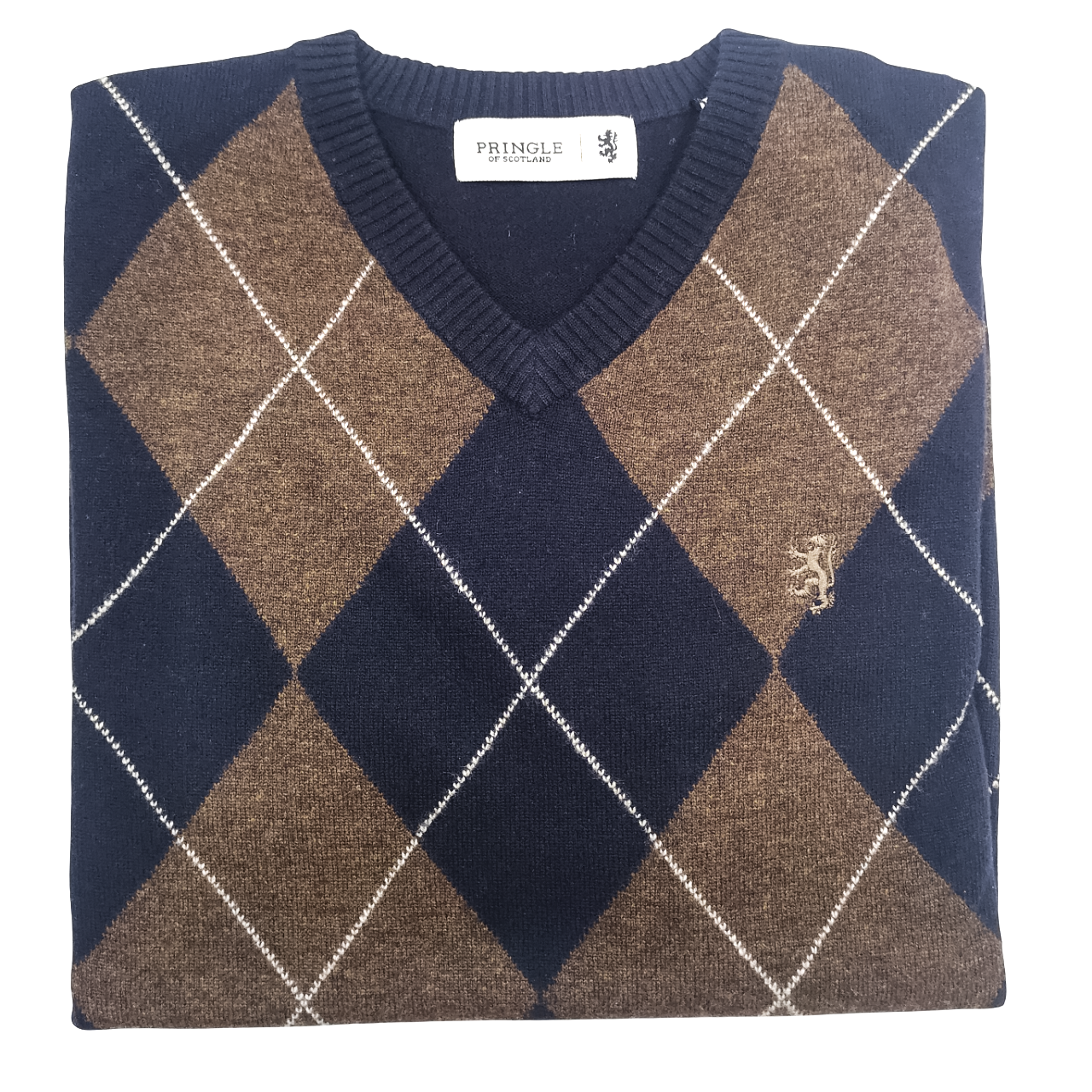 Pringle Argyle Knitwear V Neck Navy Brown Lambswool Jersey