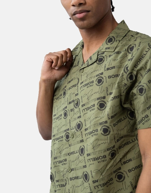 Borelli Cezaro Olive Allover Print Cotton Shirt