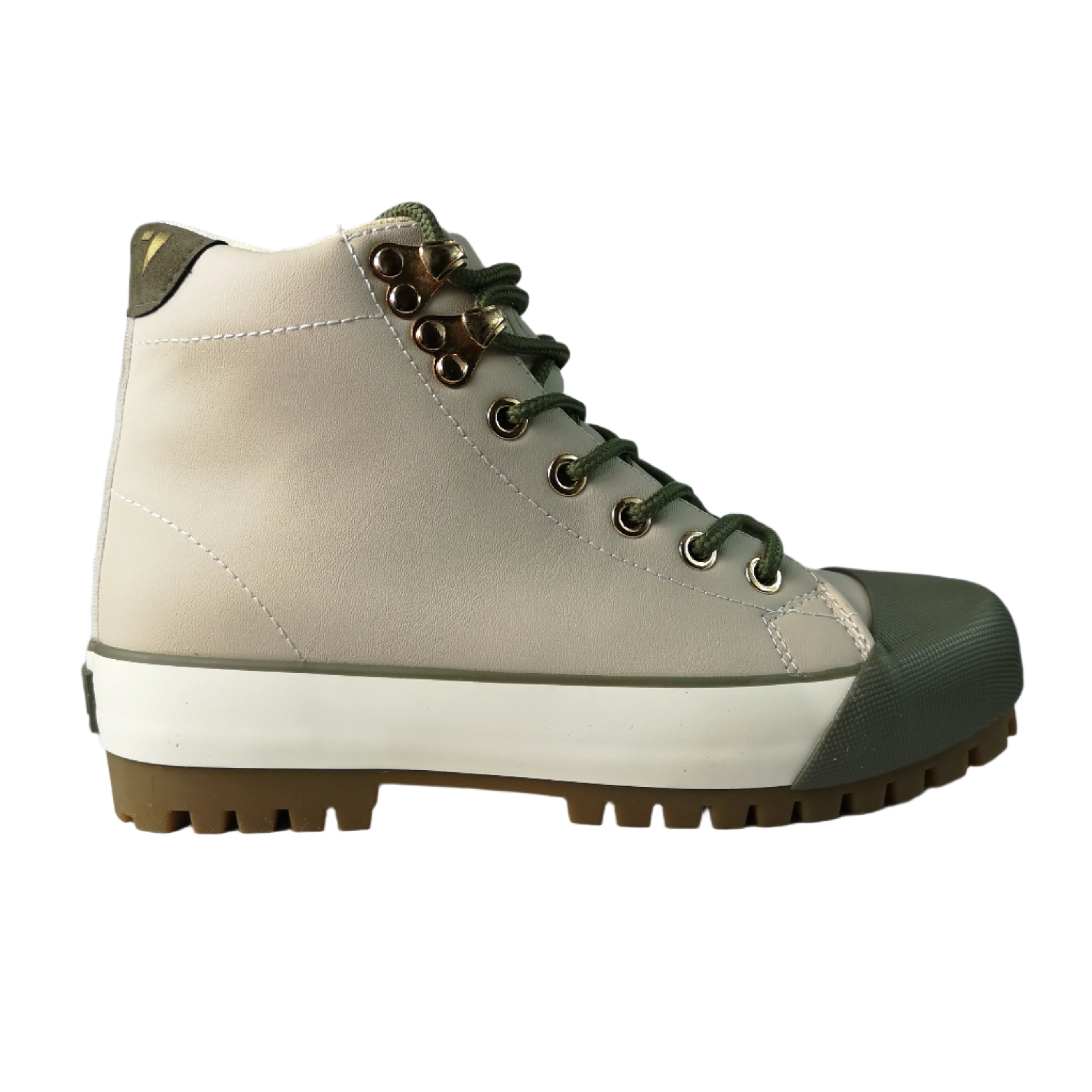 Beige hiking boot with green laces on a white background