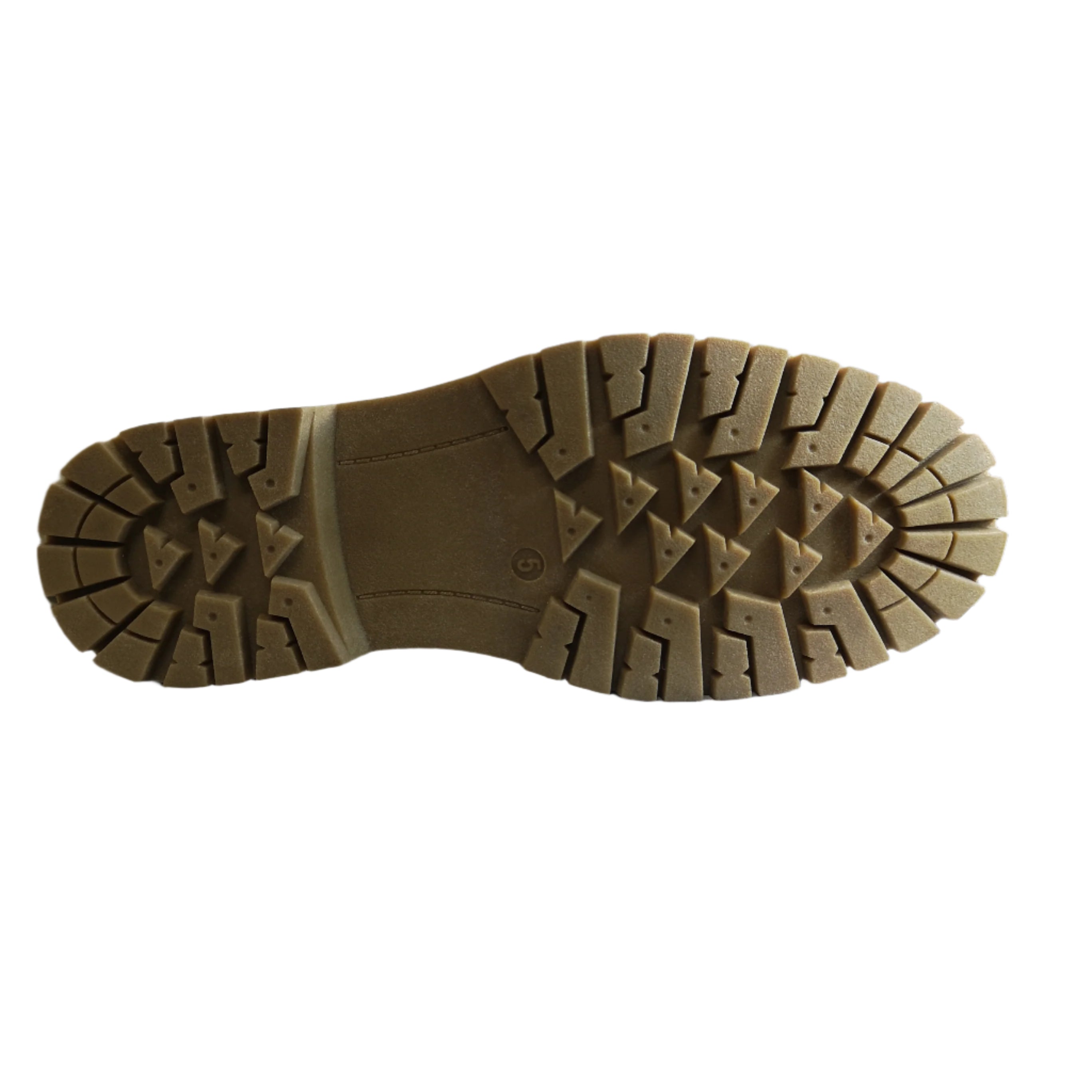 Close-up of a brown boot sole on a white surface
