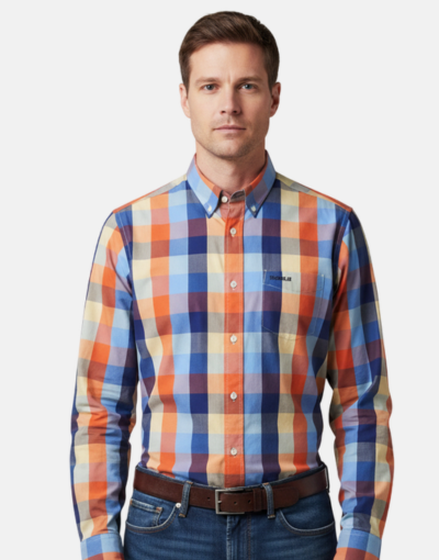 Pringle LS Rust Blue Check Classic Reg Fit Shirt
