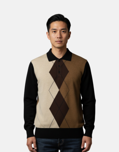 NEW GENTS Black Argyle Golfer Knitwear