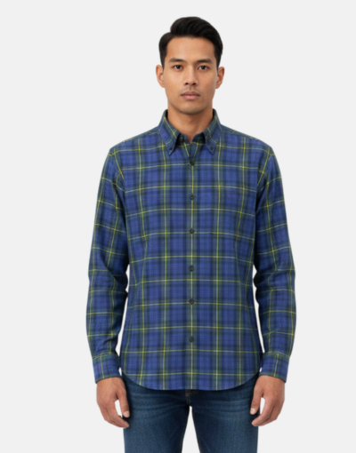 Men’s Viyella London Flannel Check Shirt Kensington – Green Blue