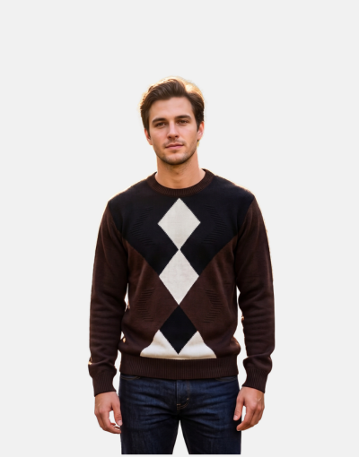 Rob Roy Acrylic Diamond Pattern Chocolate Sweater – Men's Classic Crew Neck Jersey