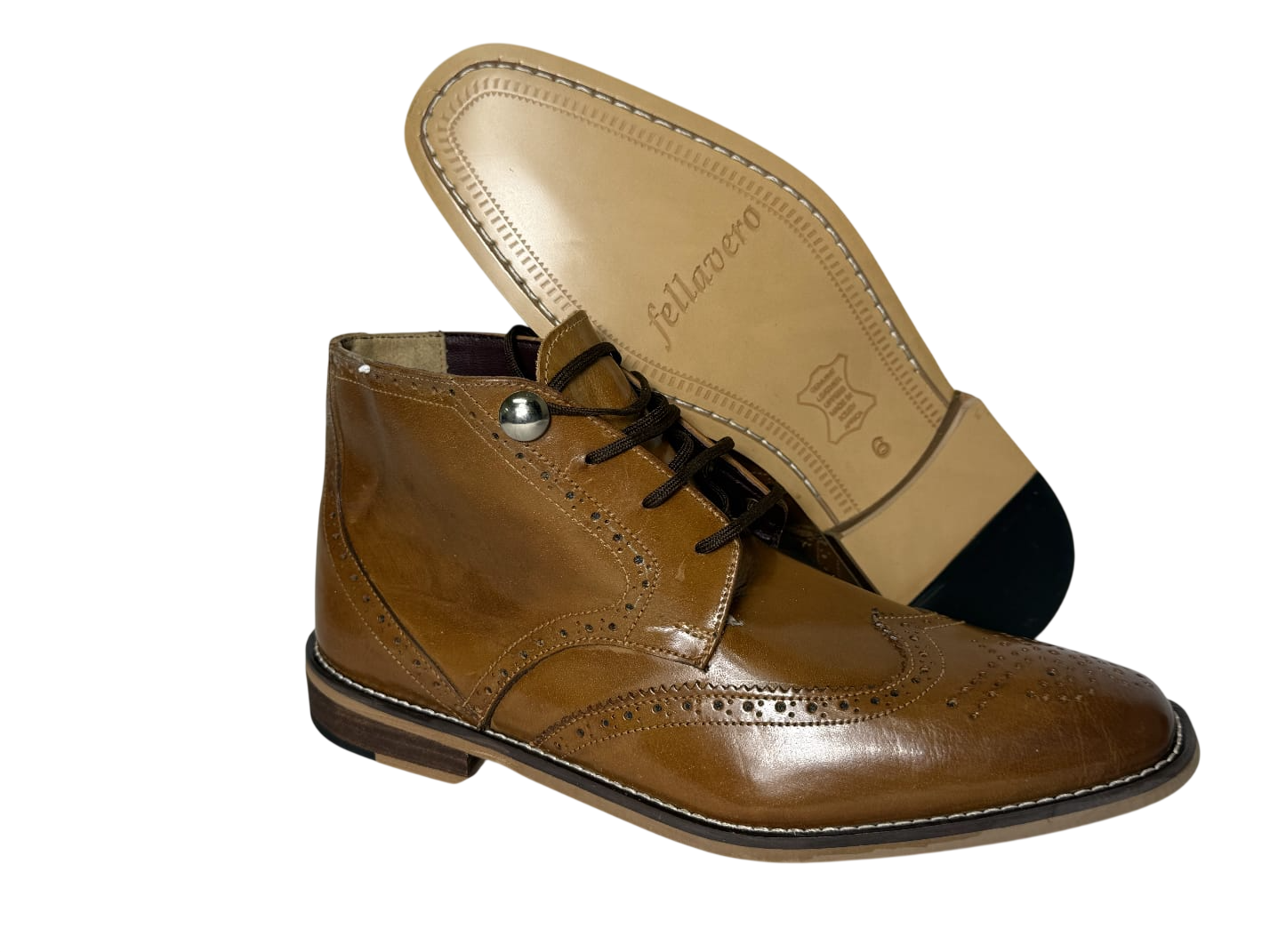 Fellavero Men's Tan Buffalo Leather Boots Brogue
