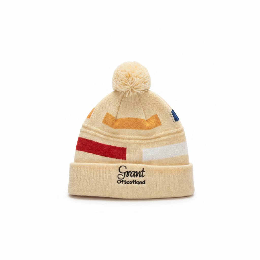 Grant of Scotland Pom-Pom Beanie in Cream on white background
