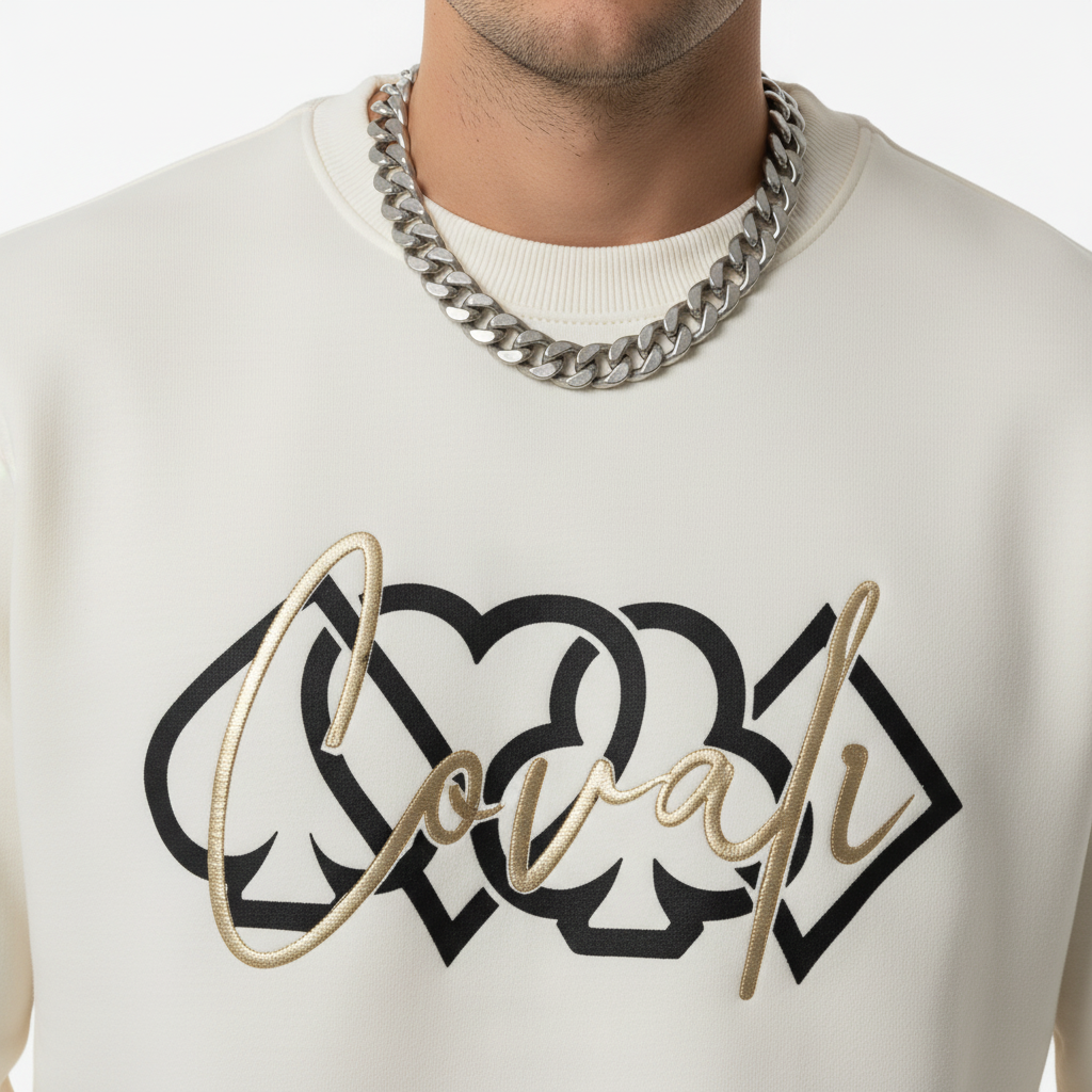 Covali White Graphic Sweatshirt - chest logo close-up on plain white background