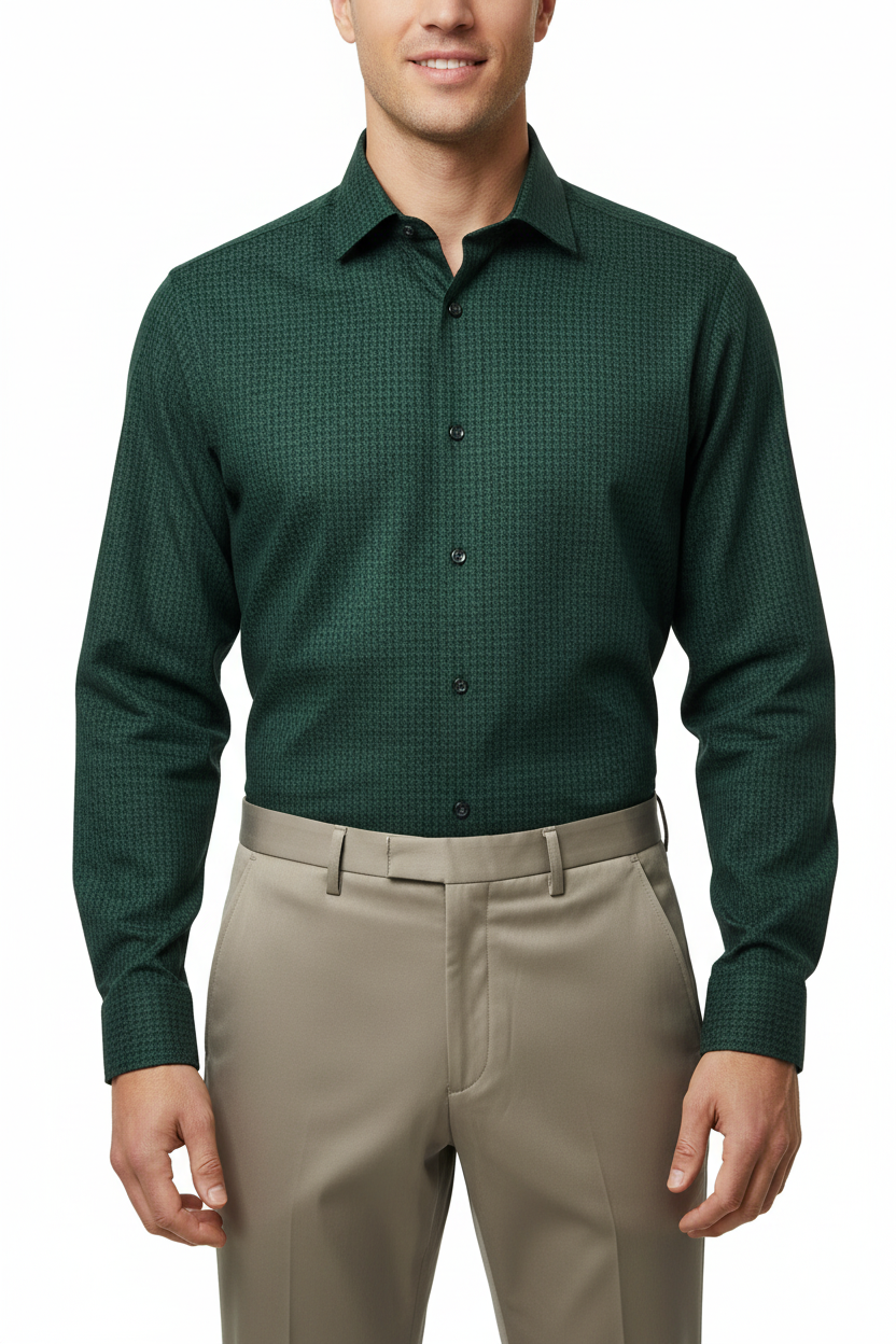Male model wearing AERO Gents LS Shirt in Green Houndstooth pattern