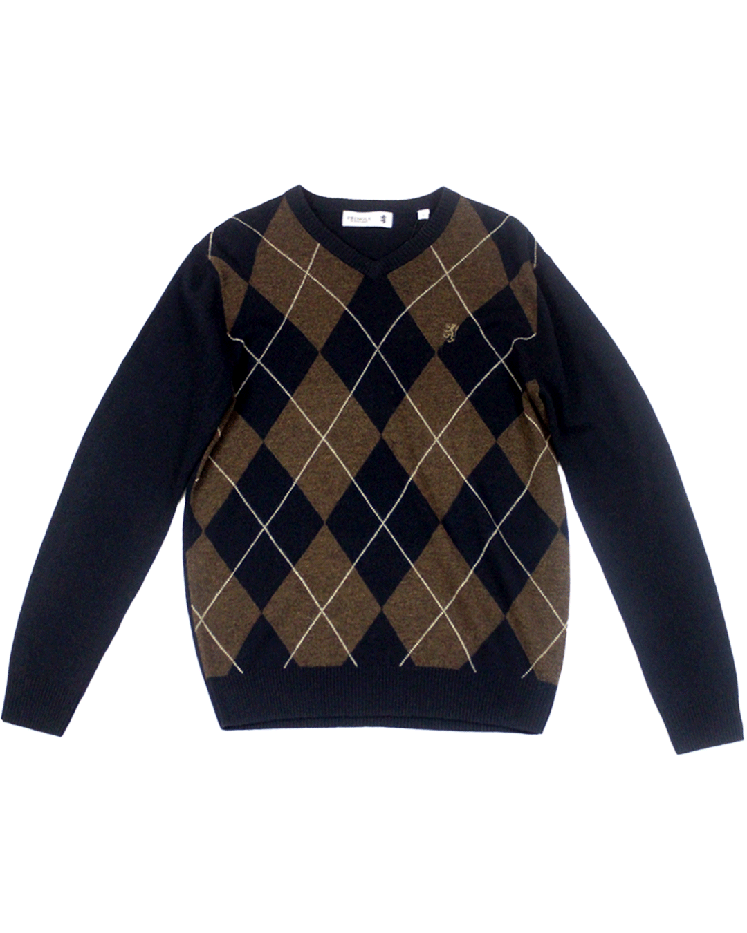 Pringle Argyle Knitwear V Neck Navy Brown Lambswool Jersey