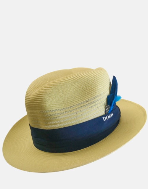DOBBS Navy Band Khaki Stone Fedora Hat