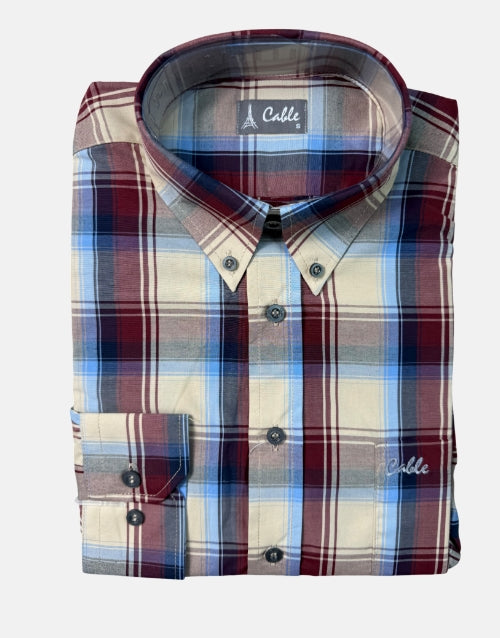 Cable LS Check Shirt – Beige/Burgundy/Blue