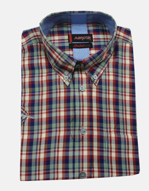 Aero SS Green Navy Check Shirt