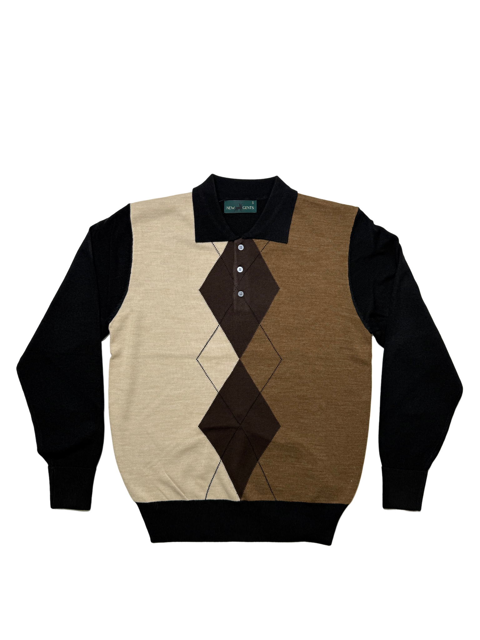 NEW GENTS Black Argyle Golfer Knitwear