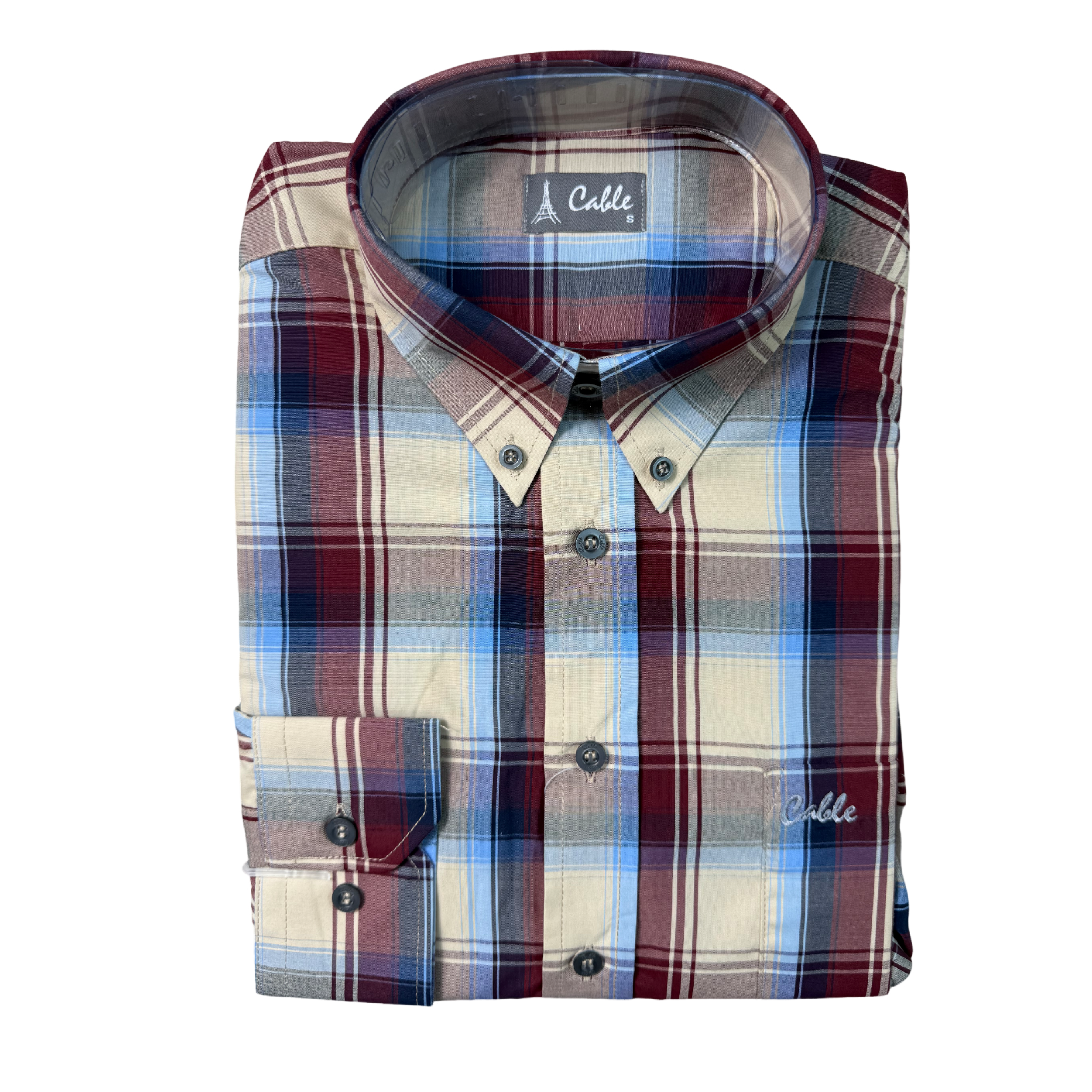 Cable LS Check Shirt – Beige/Burgundy/Blue