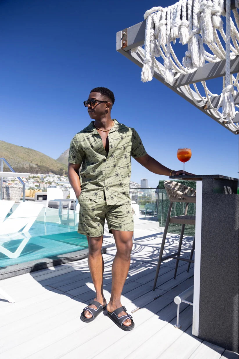 Borelli Cezaro Olive Allover Print Cotton Shirt