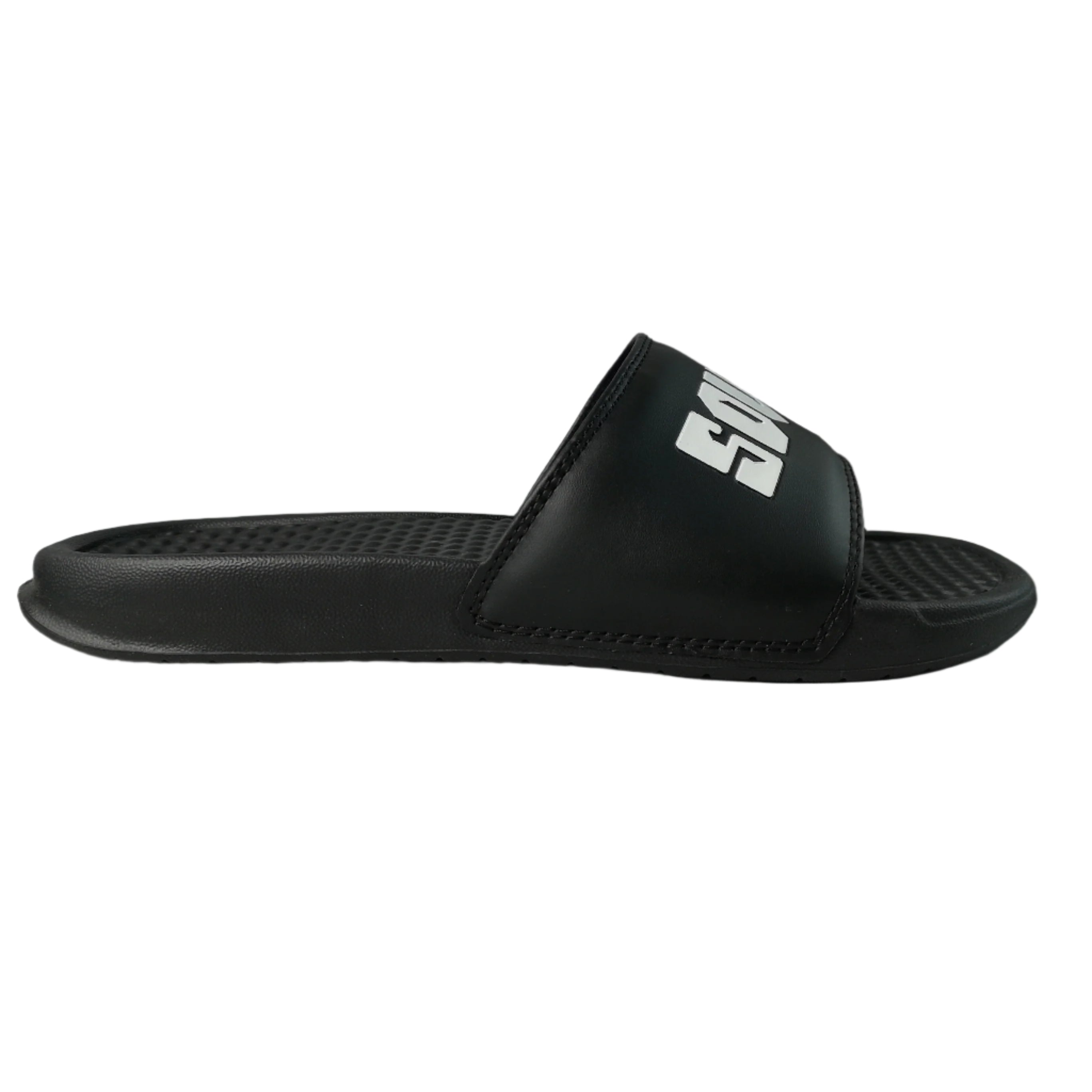Black slide sandal with a logo on a white surface