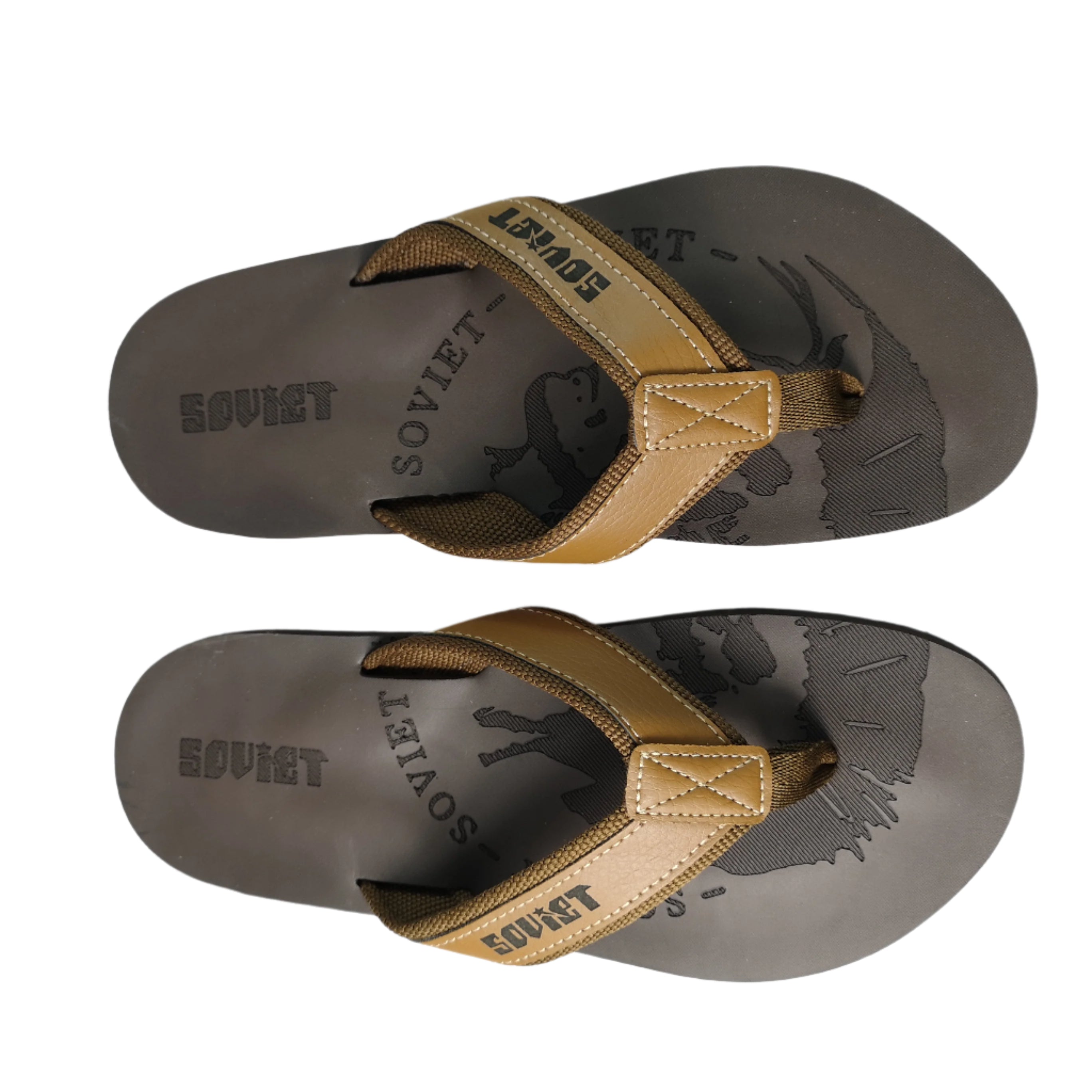 Pair of brown and beige sandals with 'Soviet' branding on a white background