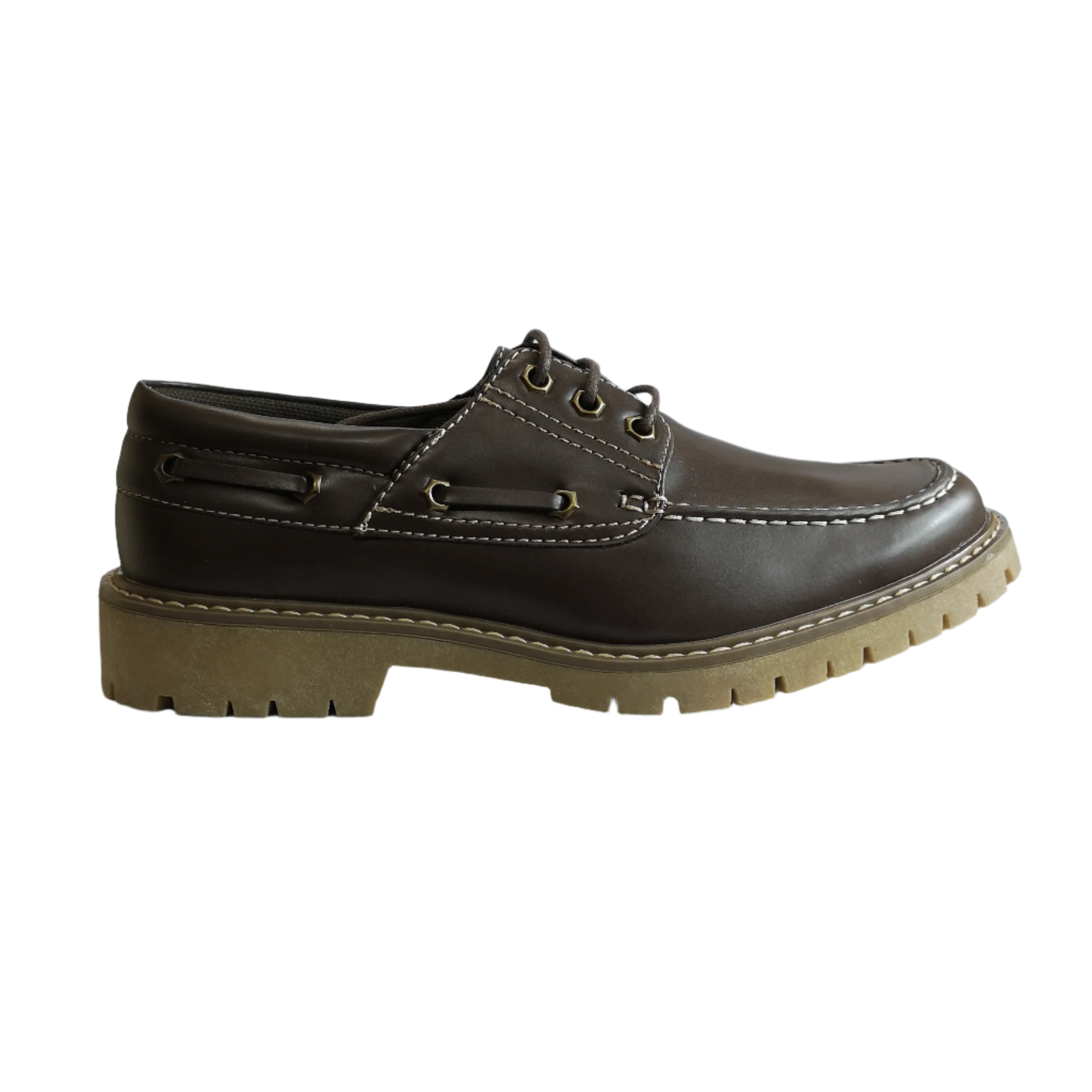 Brown leather shoe with a white background