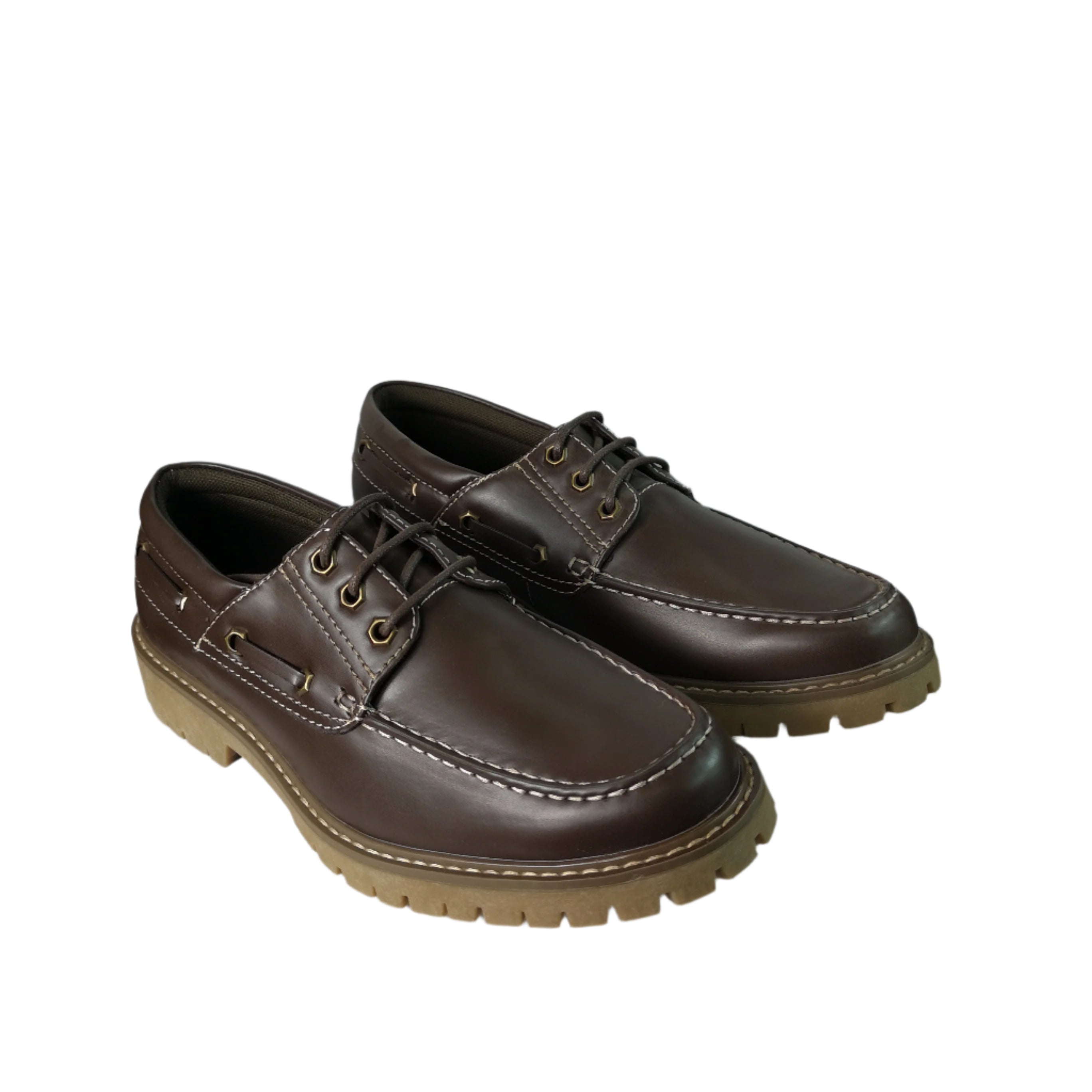 Pair of brown leather shoes on a white surface