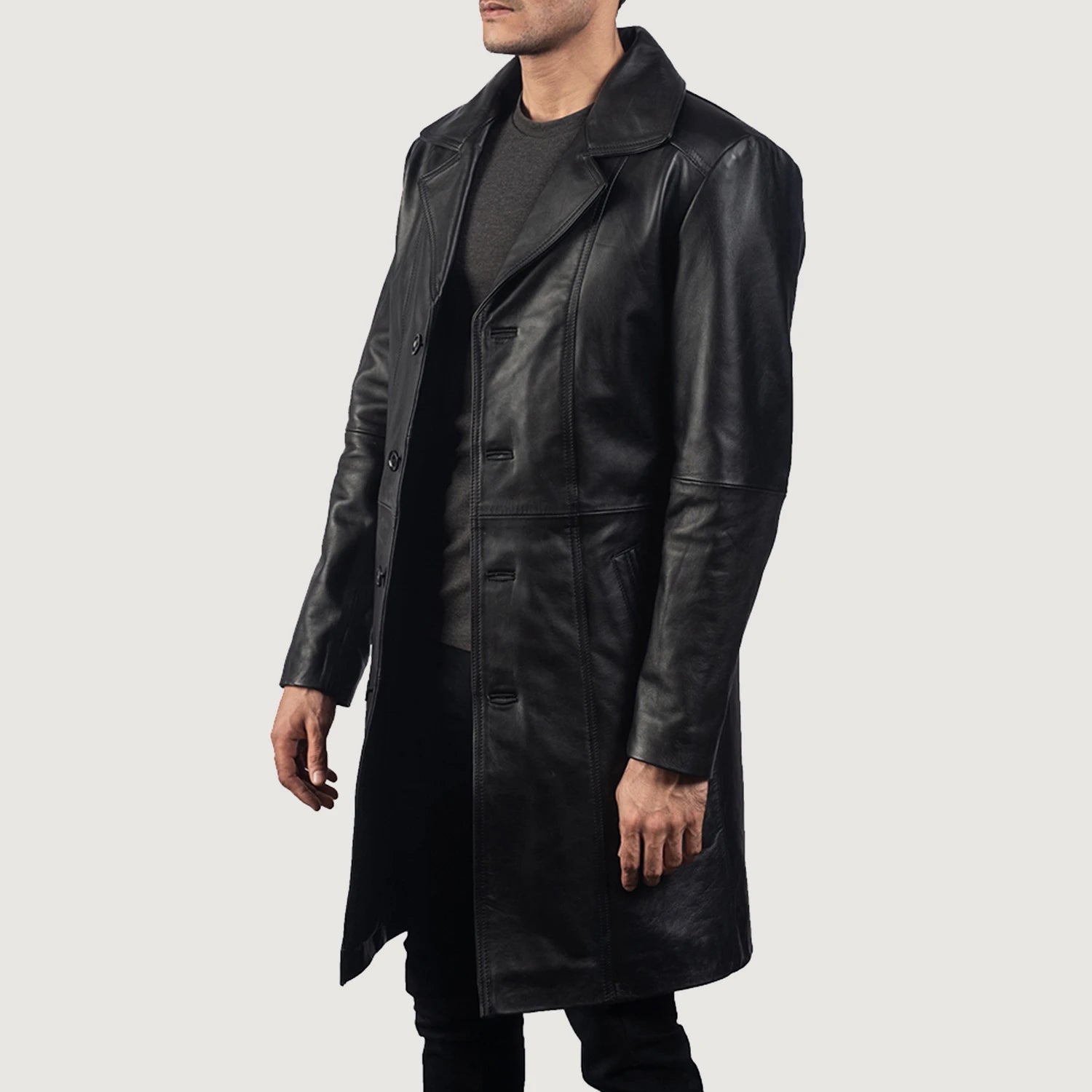 Point Leather Jacket Black Long Full Coat