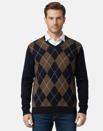 Pringle Argyle Knitwear V Neck Navy Brown Lambswool Jersey