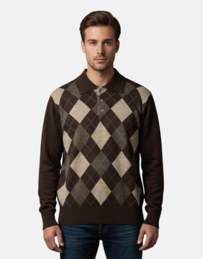NEW GENTS Brown Argyle Golfer Knitwear