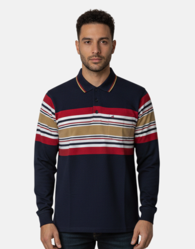 NEW GENTS Navy Striped Long Sleeve Golfer