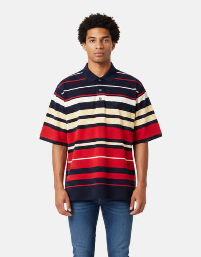 NEW GENTS Navy Multi Striped SS Golfer