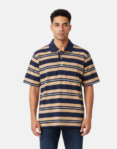 NEW GENTS Navy/Taupe Striped SS Golfer