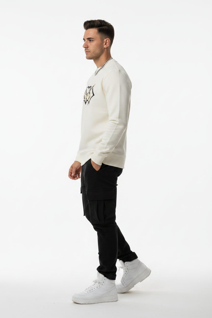 Covali White Graphic Sweatshirt - model side angle on plain white background