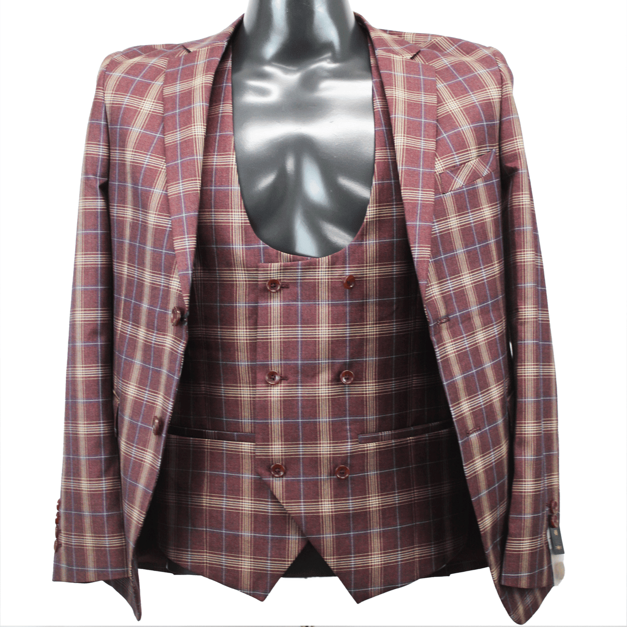 Bossini Maroon Checkered 3 Piece Suit